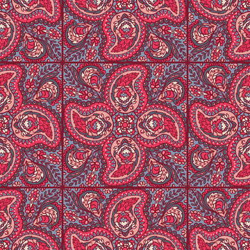 Hand drawn paisley motif illustration. Seamless vector pattern all over print with traditional arabic indian style foulard drop motif. Decorative stylized shawl or retro bandana design for home decor.