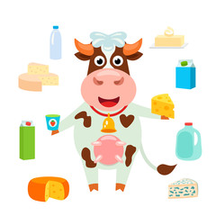 Lovely funny spotted cow holding cheese and milk. Fun cartoon animal farm character vector illustration isolated