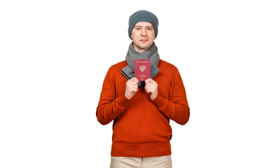 The Caucasian man gives a hand with the international passport of the Russian Federation forward