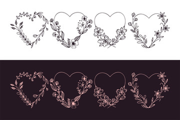 Set of hand drawn wreath hearts with stylized flowers - vector illustration design for t shirt graphics, fashion prints, slogan tees, stickers, cards, posters and other creative uses