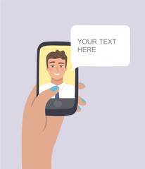 Business video call on smartphone - Online customer service and support with male consultant. Chat robot. Vector illustration.