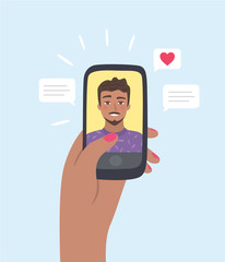 Video chat application. Woman holding smartphone with attractive man on display. Online dating concept, virtual romance. Vector illustration.