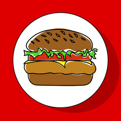 Burger icon on red background. Flat style vector illustration
