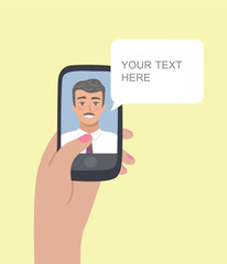 Business video call on smartphone - Online customer service and support with male consultant. Chat robot. Vector illustration.