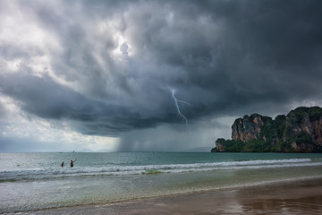Sea, beach, thunderstorm, rainy season, thunderclouds, Thailand, Krabi