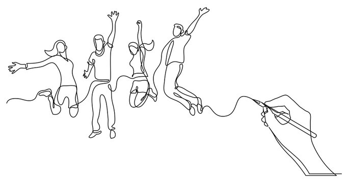 hand drawing business concept sketch of happy jumping people