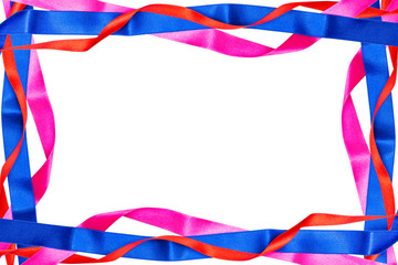 Frame made from red, pink and blue satin ribbons isolated on white background with clipping path and copy space in the middle.