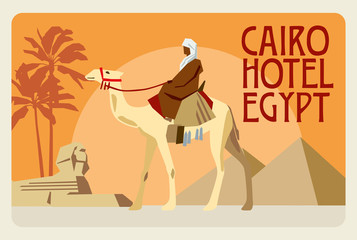 Retro postcard Egypt. A rider on a camel, in the background of a pyramid, a sphinx and palms. Vector graphics