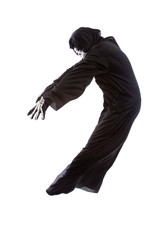 Halloween costume of a skeleton grim reaper wearing a black robe on a white background acting like...