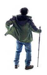 Mountain Climber or Hiker looking at a white background for composite.  The man is isolated and...
