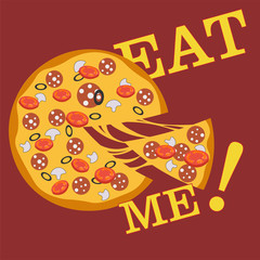 Pizza with the cut off slice and the words eat me