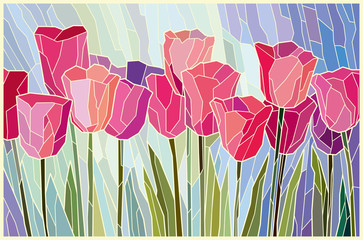 Stained glass painting pink tulips from angular pieces. Vector graphics