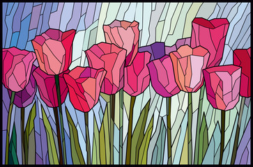 Naklejki  Witraż różowe tulipany z kanciastych kawałków. Grafika wektorowa