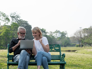 Senior couple using a laptop celebrate, success or happy pose in a park on a sunny day. relax in the forest spring summer time. free time, lifestyle retirement grandparents concept.