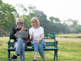 Senior man and woman couple connected on laptop computer in a park on a sunny day. relax in the forest spring summer time. free time, lifestyle retirement grandparents concept.