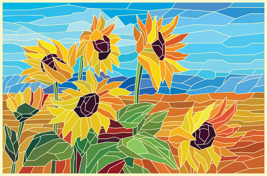 Stained glass sunflowers in the field. Vector graphics
