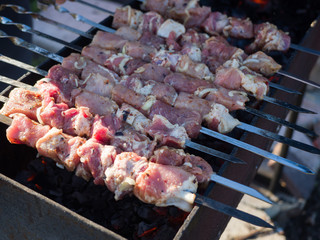 Meat on skewers is prepared on coals. Russian shashlik. Cooking on the grill