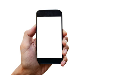 Hand holding mobile smart phone on white background