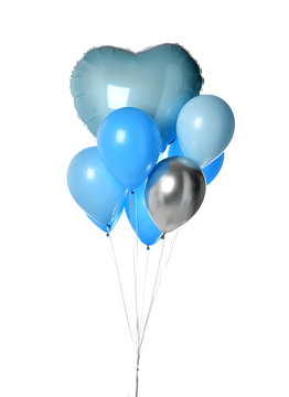 Bunch of metallic and latex blue heart and round balloons composition for birthday or valentines day party