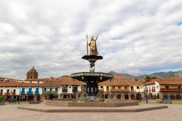 Inca King Pachacutec on Fountain in the Plaza de Armas, Cusco, Peru