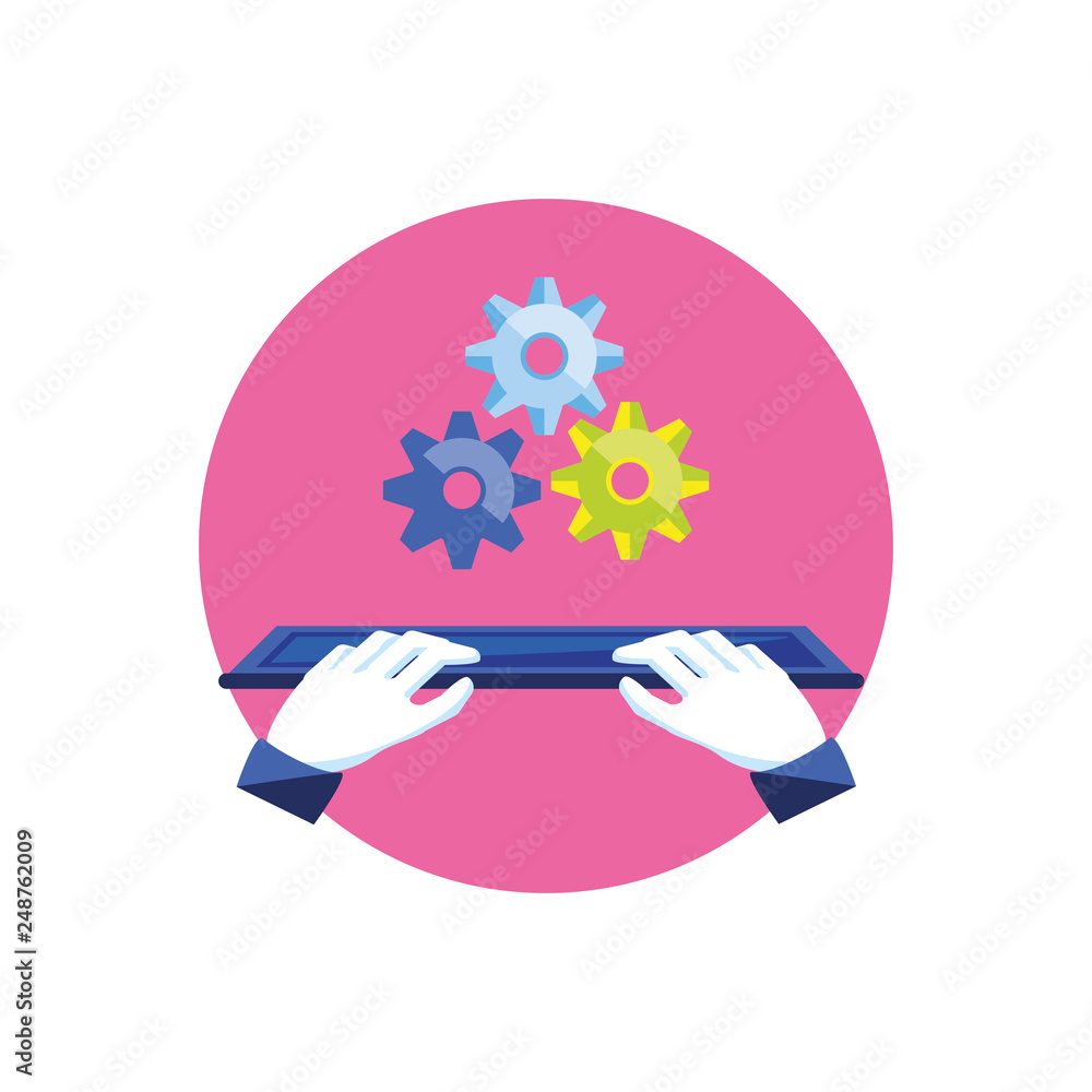 Poster hands using keyboard and gears