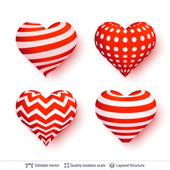 Obraz premium Set of 3D hearts with red and white patterns.