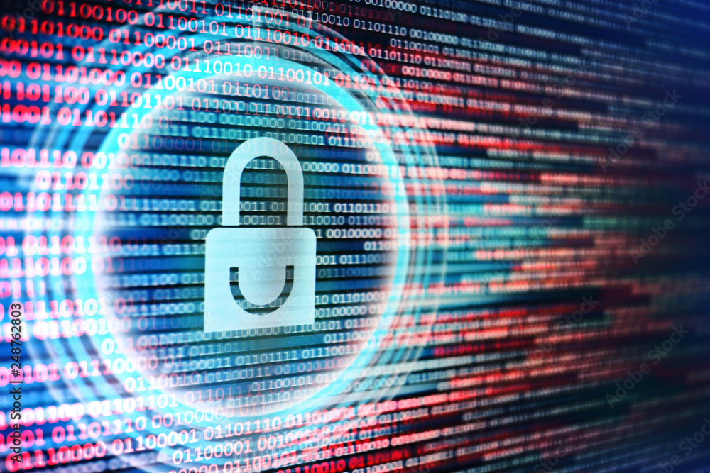 Poster surfing dangerous internet environment. blue padlock icon on red and blue binary bit code background
