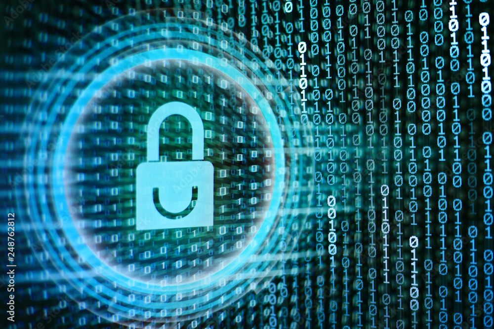 Poster surfing dangerous internet environment. blue padlock icon on blue binary bit code background. data s