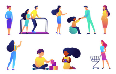 Children rehabilitation and education centre vector illustrations set. Nurse, children learning and physical therapy, tiny people concept. Vector illustrations set isolated on white background.