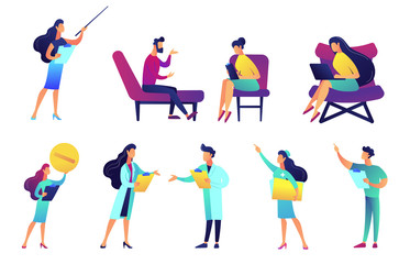 Professional doctors and nurses vector illustrations set. Tiny people medical stuff, medicine professionals, psychotherapist, pharmacist concept. Vector illustrations set isolated on white background.