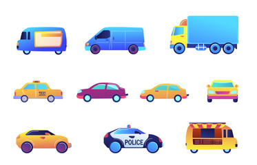Different cars and delivery vector illustrations set. Transport and food truck, truck and van, taxi and police car concept. Vector illustrations set isolated on white background.