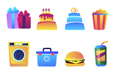 Fast food and cake vector illustrations set. Party food and washing machine, snack and lunch, birthday presents and wedding cake concept. Vector illustrations set isolated on white background.