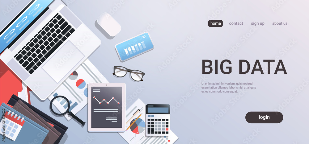 Poster big data concept workplace desk with office stuff top angle view tablet laptop computer paper docume
