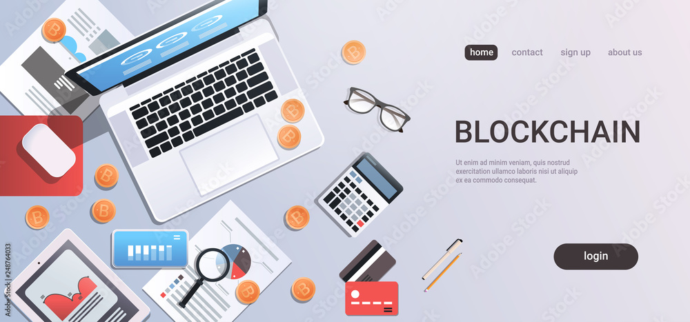 Poster crypto currency block chain concept bitcoin mining workplace desk top angle view tablet laptop compu