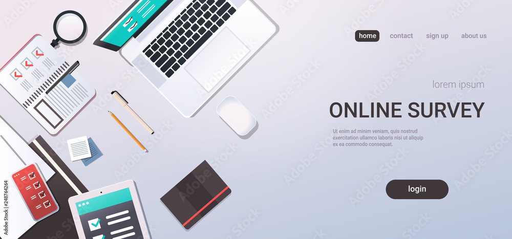 Poster workplace desk online testing questionnaire form survey concept internet quiz laptop computer top an
