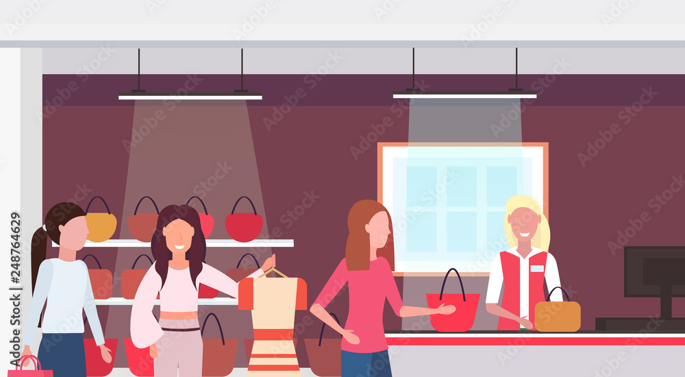 Poster women customers standing line queue to cash desk counter big fashion shop super market female shopping mall interior modern boutique horizontal portrait flat