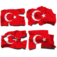 set of four flags, illustration of torn flags, Turkey flag,