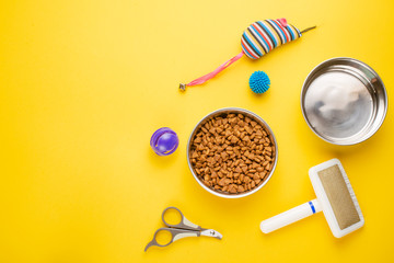 Pet, cat, food and accessories of cat life flat lay, with space for design, on yellow background
