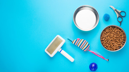 Pet, cat, food and accessories of cat life flat lay, with space for design, on blue background