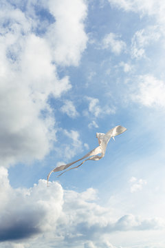White kite flying against the blue sky full of clouds. Vertical image