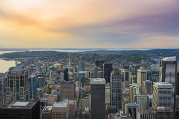 Vibrant Sunset over Seattle Skyline with Waterfront View