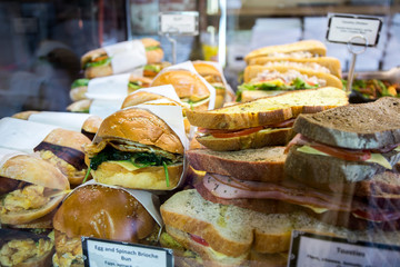 pastries and bread on bakery stall