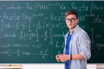 Young male student studying math at school