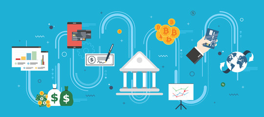 Banking and finance, economy, investment and payment. Online payment, credit card, check, bitcoin or cryptocurrency. Internet banner concept in flat design vector illustration in blue background.