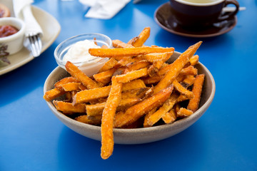 Sweet Potato Fries on Blue Table