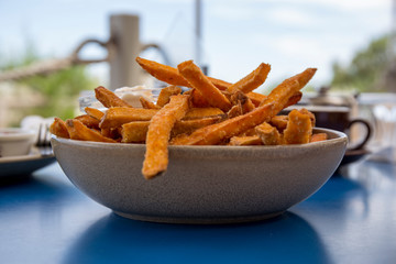 Sweet Potato Fries on Blue Table