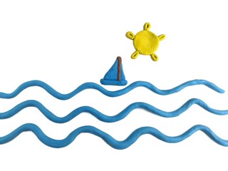 Sailing alone in the middle of the sea with sunshine, blue boat and yellow sun made from plasticine...