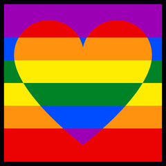 Vector illustration. Rainbow heart shape on a colorful striped background. Square format, thin black border. LGBTI retro styled symbol.