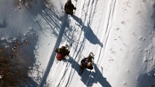 Overhead aerial Snow shoeing