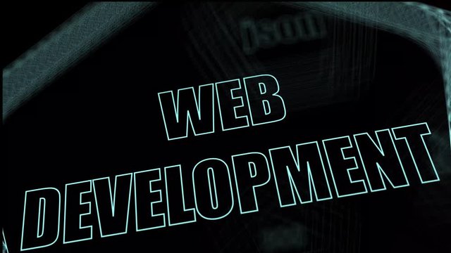 Animation of web development concept, icons of languages used for web development blured and connected with lines